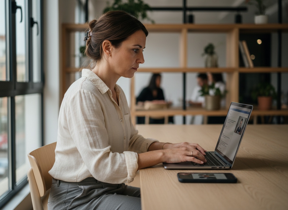 A woman writes in her team chat on her laptop, with her phone beside it