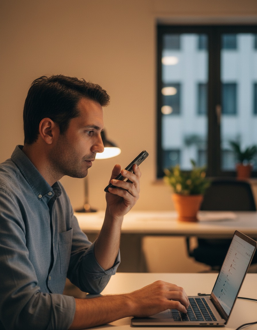 A man dictates a voice note into his phone at his desk at the end of the day