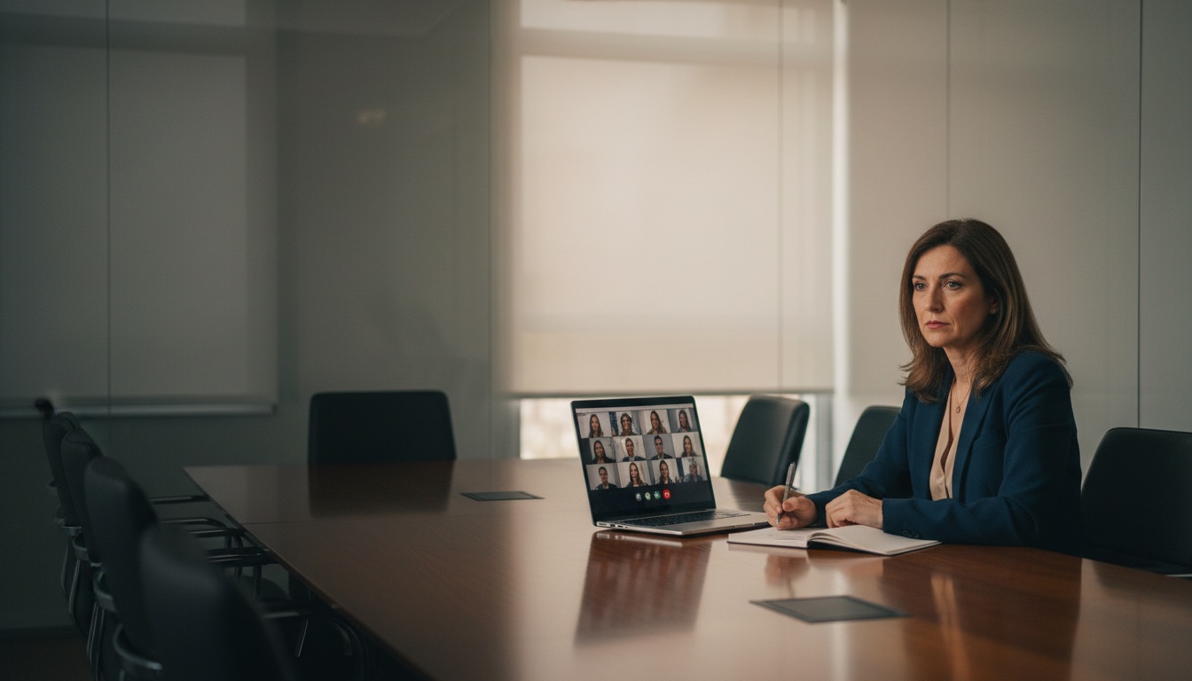 An executive takes notes during a video meeting on her laptop
