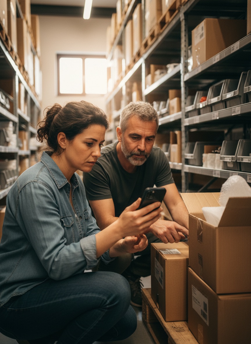 Two colleagues check a newly arrived order on a phone in a shop's stockroom
