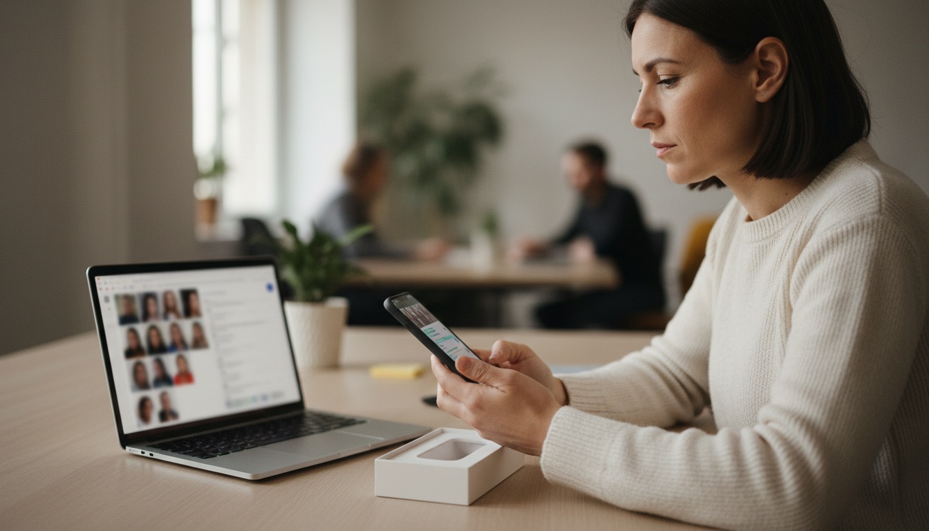 A woman sets up her new phone at her office desk, with the box beside it